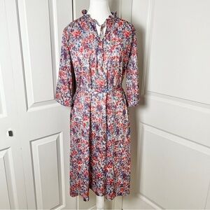 Vintage Floral Midi Dress with 3/4 Sleeves | Ruffled Collar & Waist Sash
